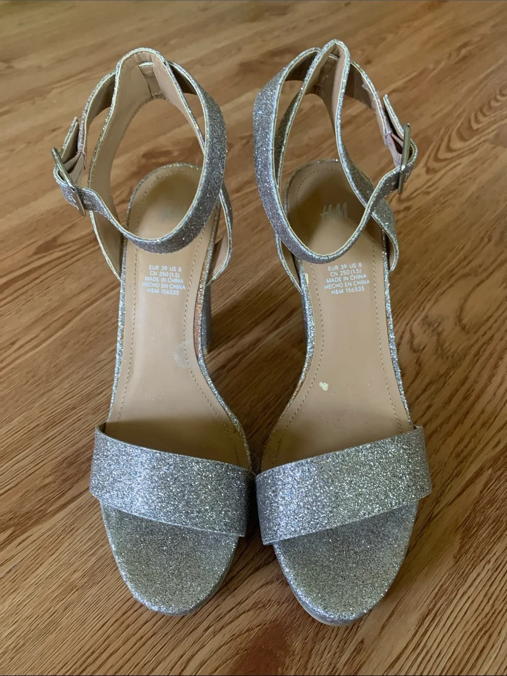 H&M Silver Glitter Block Heel Sandals with Ankle Strap